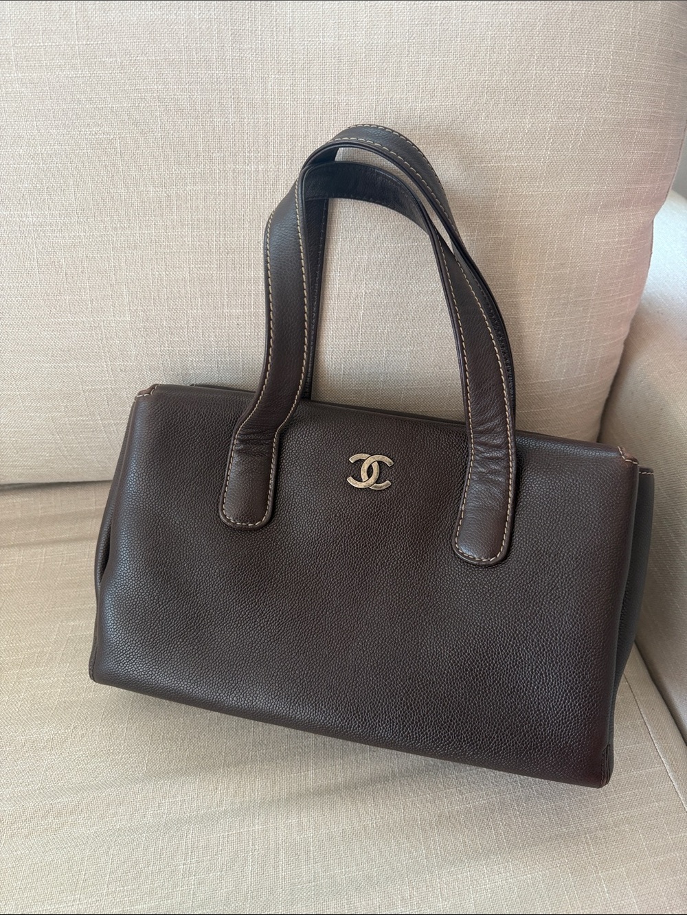 CHANEL Chocolate Brown Leather Double-C Top-Handle Bag
